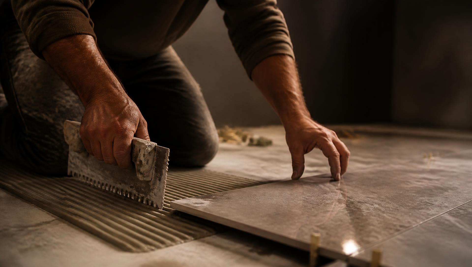 Craftsman setting large-format tile with a notched trowel
